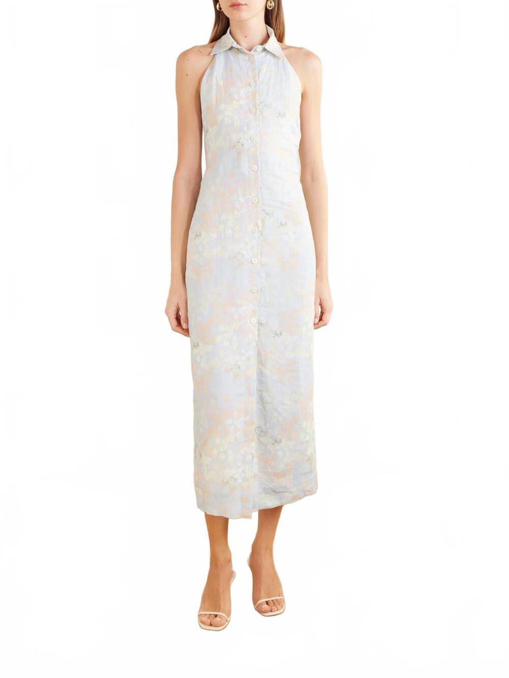 NEW BERNADETTE cici jasmin floral-print linen halterneck midi dress in soft blue